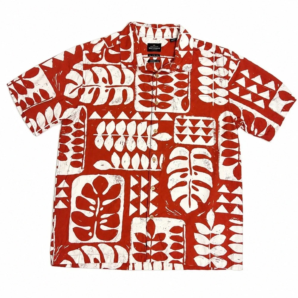 Quiksilver Hawaiian Shirt‎ Men's XL Red White Aloha Comfort Fit Button Up